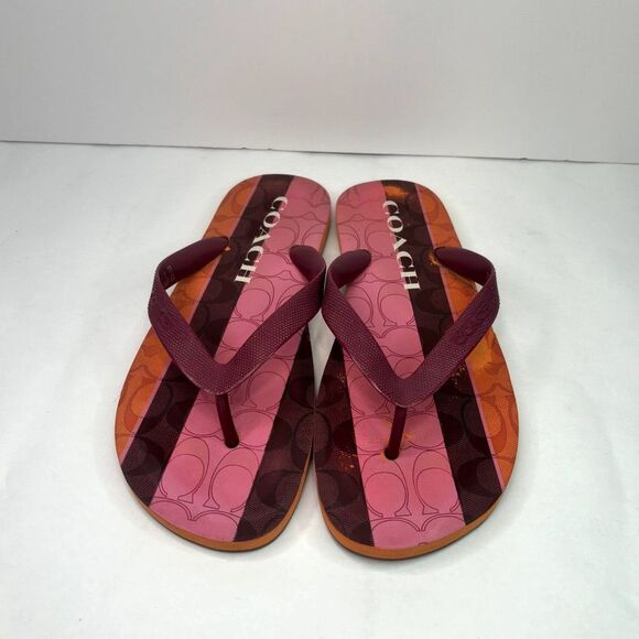 Coach Zack Multicolor Monogram Flip Flop Sandals Womens Comfy Pink Orange Stripe - Picture 4 of 10
